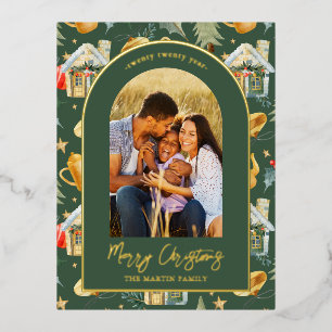 Carte Postale De Vacances En Aluminium Aquarelle Ville de Noël Photo Vert