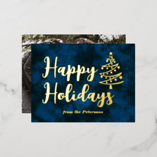 Carte Postale De Vacances En Aluminium Arbre de Noël Bleu Or Moderne Photo Joyeuses Fêtes