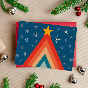 Carte Postale De Vacances En Aluminium Arbre de Noël rétro groovy minimaliste rouge et bl