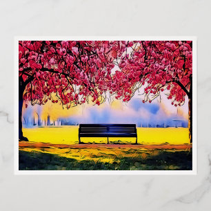 Carte Postale De Vacances En Aluminium Beau paysage avec cerisiers et un banc