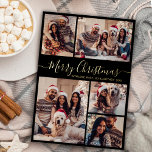 Carte Postale De Vacances En Aluminium Black Gold moderne 5 photo Collage Noël<br><div class="desc">Elégant, moderne Black and Gold 5 Photo Collage de Noël Famille Photo Foil Cartes postales de vacances. Ce modèle festif, minimaliste, fantaisiste cinq (5) photo vacances carte de voeux avec une jolie grille photo collage et dit "Joyeux Noël"! Le texte de salutation "Joyeux Noël" est écrit dans une belle main...</div>