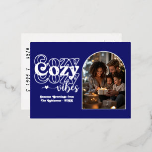 Carte Postale De Vacances En Aluminium Bleu Minuit et Argent Ambiance Cosy Rétro Noël