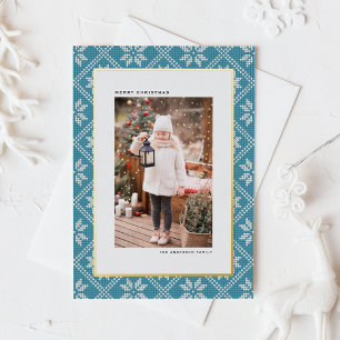 Carte Postale De Vacances En Aluminium Blue Fair Isle Knit Motif Photo Noël