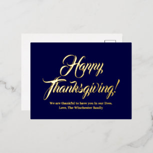 Carte Postale De Vacances En Aluminium Bon thanksgiving marine bleu script personnalisé é