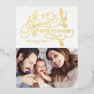 Carte Postale De Vacances En Aluminium Bonnes Fêtes élégantes Flourish Family Photo