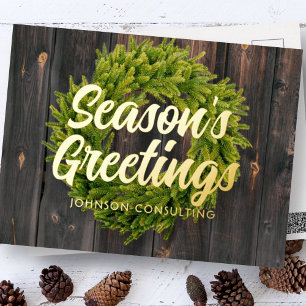 Carte Postale De Vacances En Aluminium Bonnes Fêtes Pays Pin rustique Wreath Bois