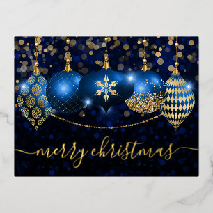 Carte Postale De Vacances En Aluminium Boules de Noël Bleu Royal et Or
