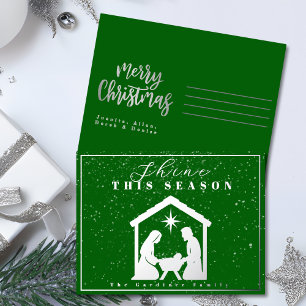 Carte Postale De Vacances En Aluminium Brillez en cette saison Nativité Noël Vert Argent