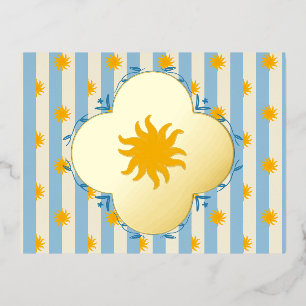 Carte Postale De Vacances En Aluminium Carte postale en feuille d'or Sunburst Bleu Crème