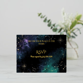 Carte Postale De Vacances En Aluminium Celestial Stars | Navy/Teal Gold Wedding RSVP card