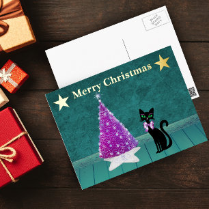 Carte Postale De Vacances En Aluminium Chat Noir Arc Rose Sapin de Noël Rose Étoiles Doré