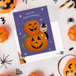 Carte Postale De Vacances En Aluminium Chat sorcière et Jack O Lantern's Happy Halloween<br><div class="desc">Jolie salutation halloween pour les enfants avec chatte sorcière et de vraies étoiles de feuille d'or</div>