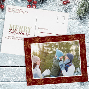 Carte Postale De Vacances En Aluminium Christmas Gold Snowflakes Festive Red Elegant