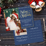 Carte Postale De Vacances En Aluminium Croyez en la magie de Noël 2 photos de famille ble<br><div class="desc">Carte postale moderne de voeux de Noël avec l'un de vos portraits de famille de Noël préférés à gauche, complétée par un vrai cadre en feuille d'or et un libellé qui dit "Croyez en la magie de Noël" sur la droite sur un arrière - plan bleu classique, personnalisable avec votre...</div>
