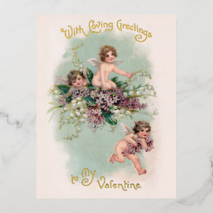 Carte Postale De Vacances En Aluminium Cupidons à ailes vintages et Violets Saint-Valenti