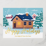 Carte Postale De Vacances En Aluminium Custom Happy Holidays Société immobilière Gold<br><div class="desc">Cette belle carte postale de vacances en feuille d'or personnalisée est parfaite pour une entreprise immobilière située au nord. Un beau dessin d'une maison bordée de neige et de fumée sortant de la cheminée à côté des arbres verts. Un courtier peut garder Happy Holidays en écriture cursive ou customiser avec...</div>