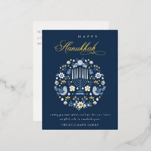 Carte Postale De Vacances En Aluminium Elégant Classy Navy Blue Happy Hanoukka Floral