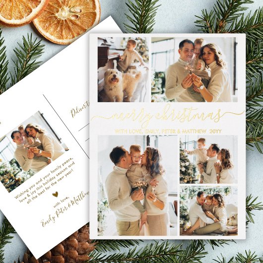 Carte Postale De Vacances En Aluminium Elegant Gold Script 6 Photo Collage Christmas Real