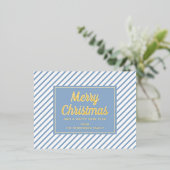 Carte Postale De Vacances En Aluminium Élégant Gold Script Blue Stripes Joyeux Noël (Debout devant)