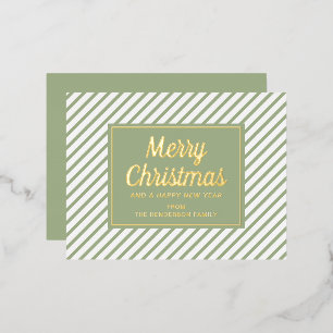 Carte Postale De Vacances En Aluminium Élégant Script Green Stripes Joyeux Noël Or
