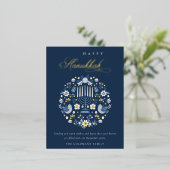 Carte Postale De Vacances En Aluminium Élégante Classe Bleu Nuit Hanukka Floral (Debout devant)