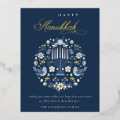 Carte Postale De Vacances En Aluminium Élégante Classe Bleu Nuit Hanukka Floral (Recto)