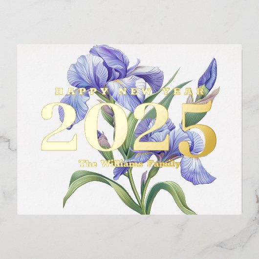 Carte Postale De Vacances En Aluminium Elégante Fleur Iris Bonne Année 2025 Or (Recto)