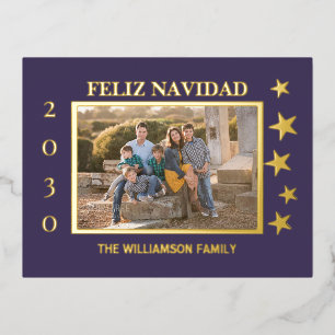 Carte Postale De Vacances En Aluminium Famille Violet Photo Feliz Navidad Gold Foil