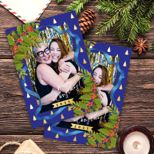 Carte Postale De Vacances En Aluminium Festival de Noël Ribbon Photo Rouge Bleu