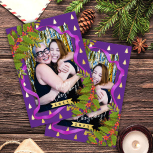 Carte Postale De Vacances En Aluminium Festival de Noël Ribbon Photo violet