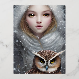 Carte Postale De Vacances En Aluminium Fille et hibou en verre lisse brillant