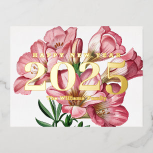 Carte Postale De Vacances En Aluminium Fleur rose Freesia Bonne année 2025 Or