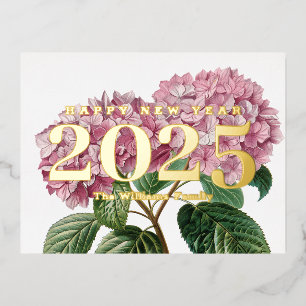 Carte Postale De Vacances En Aluminium Fleur rose Hydrangea Bonne Année 2025 Or