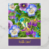 Carte Postale De Vacances En Aluminium Fleurs de Pensée Violette de Naissance Monogramme (Recto)