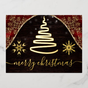 Carte Postale De Vacances En Aluminium Flocons de neige en feuille d'or et arbre de Noël