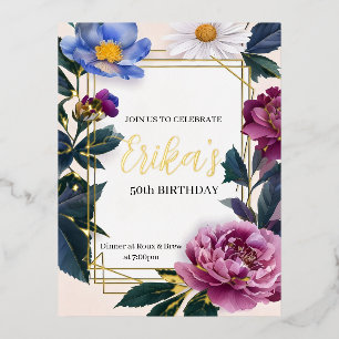 Carte Postale De Vacances En Aluminium Floral Deep Color Anniversaire Gold Foil Invitatio