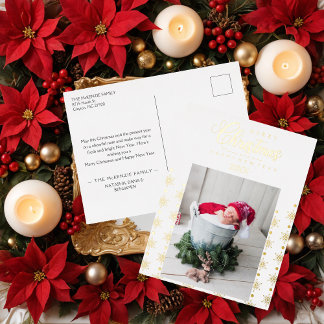 Carte Postale De Vacances En Aluminium Golden Snowflakes Merry Christmas Photo Baby