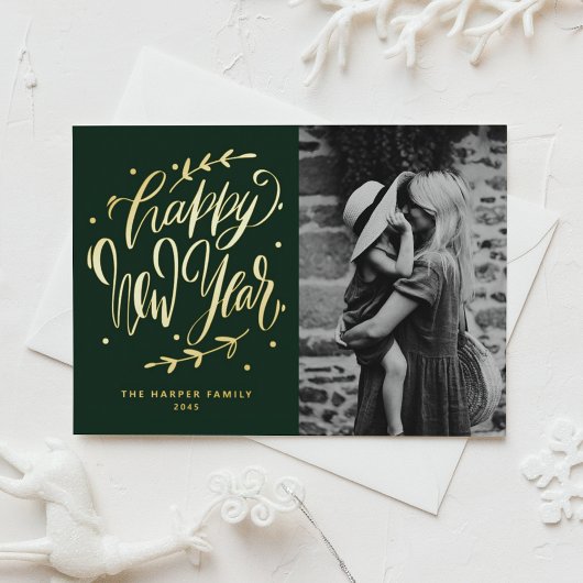 Carte Postale De Vacances En Aluminium Green Modern Calligraphy and Wreath New Year Photo