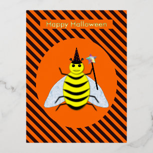 Carte Postale De Vacances En Aluminium Halloween Magic Bee Witch Orange et Black Stripes