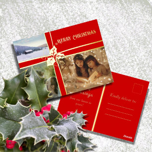 Carte Postale De Vacances En Aluminium Holly et Ivy Red Ribbon Foil Card