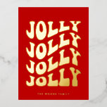 Carte Postale De Vacances En Aluminium Jolly Super Wavy Red Christmas Gold<br><div class="desc">Jolly Jolly Jolly Jolly Christmas Postcard : un design rétro,  avec une typographie vintage ondulée en feuille d'or et un arrière - plan rouge classique.</div>