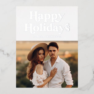 Carte Postale De Vacances En Aluminium Joyeuses Fêtes Photo Argent Typographie Rétro