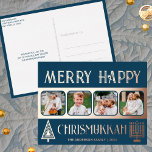 Carte Postale De Vacances En Aluminium Joyeux Chrismukkah 4 Photo Bleu Et Rose Or<br><div class="desc">Créez votre propre luxe rose en feuille d'or vacances de voeux cartes postales avec ce design simple mais élégant de quatre photos en or bleu foncé et rose avec un arbre stylisé pour Noël et une Menorah minimaliste pour Hanoukka. Joyeux Chrismukkah ! Ajoutez vos quatre photos préférées à l'aide du...</div>