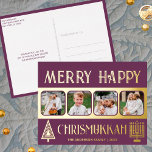 Carte Postale De Vacances En Aluminium Joyeux Chrismukkah 4 Photo Plum Purple Gold<br><div class="desc">Créez votre propre luxe de véritables cartes postales en feuille d'or avec ce design simple mais élégant de quatre photos en violet foncé et or avec un arbre stylisé pour Noël et une Menorah minimaliste pour Hanoukka. Joyeux Chrismukkah ! Ajoutez vos quatre photos préférées à l'aide du simple chargeur de...</div>