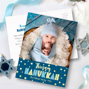 Carte Postale De Vacances En Aluminium Joyeux Hanukkah Photo Moderne Mignon Bleu Or Réel