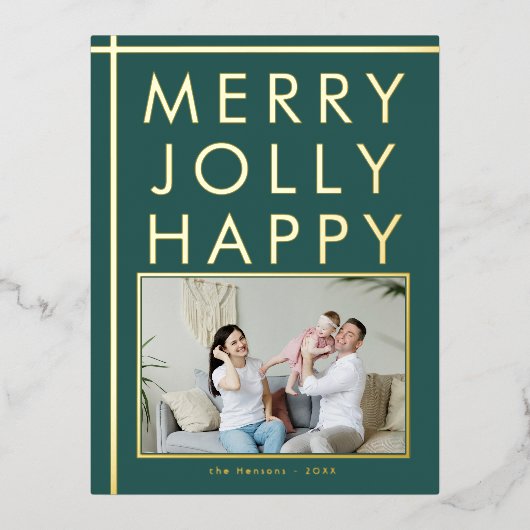 Carte Postale De Vacances En Aluminium Joyeux Jolly Happy Family Photo Christmas Green (Recto)