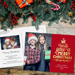 Carte Postale De Vacances En Aluminium Joyeux Noël 2 photos or Foil Holiday Postcar<br><div class="desc">Carte postale de voeux de vacances moderne, personnalisable avec l'un de vos portraits de Noël de famille préférés sur le devant, à côté d'une belle feuille d'or avec en légende "nous vous souhaitons un joyeux Noël" sur un arrière - plan rouge vif. Au verso de la carte postale, vous pouvez...</div>
