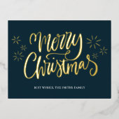 Carte Postale De Vacances En Aluminium Joyeux Noël bleu or Calligraphie non photo (Recto)