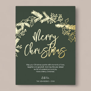 Carte Postale De Vacances En Aluminium Joyeux Noël Brush Script Berry Feuilles vert