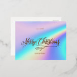 Carte Postale De Vacances En Aluminium Joyeux Noël Calligraphie Holographique<br><div class="desc">Créez votre propre carte de Noël avec ce modèle élégant. Une élégante calligraphie moderne "Joyeux Noël" en feuille d'argent réel et arrière - plan coloré en feuille métallique arc-en-ciel faux holographique.</div>